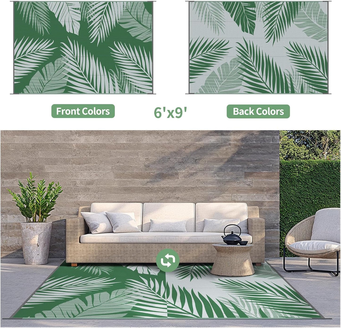 GENIMO Outdoor Rug 6' x 9' Waterproof for Patios Clearance, Reversible Plastic Straw Camping Carpet, Large Area Rugs Mats for RV, Picnic, Backyard, Deck, Balcony, Porch, Beach, Green&Grey
