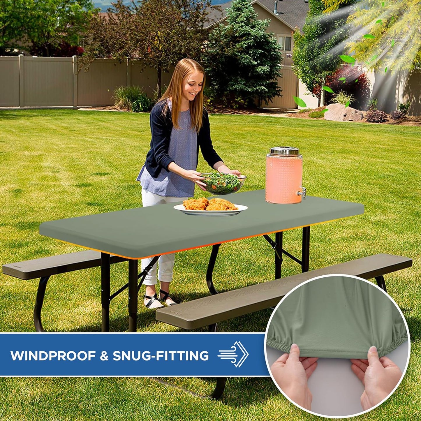 Fitted Tablecloth for 8 Foot Rectangle Tables-4 Pack Sage Elastic Outdoor Picnic Table Cover-Spandex Stretch Folding Table Cloths 8ft for Camping Dining Room Patio Kitchen Banquet Party