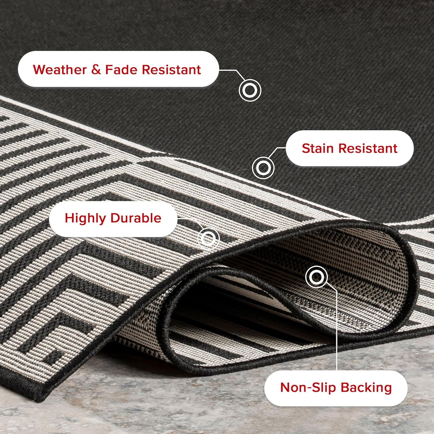 nuLOOM 5' x 8' Outdoor Area Rug, Casual Design With Striped Border, Stain Resistant, Highly Durable, For Patio, Balcony, Bedroom, Living Room, Dining Room, Bathroom, Black