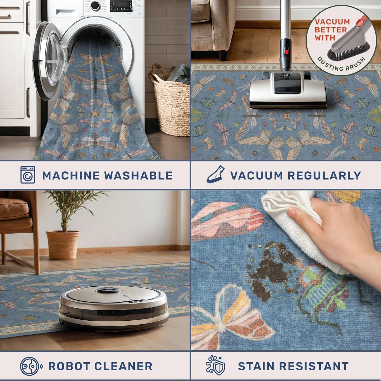 Cute Blue Rugs for Kids Room Boys - Washable 5x7 Area Rugs for Nursery, Baby Bedroom, Toddler Playroom, Insect Bug Print Carpet, Soft Non Slip Stain Resistant