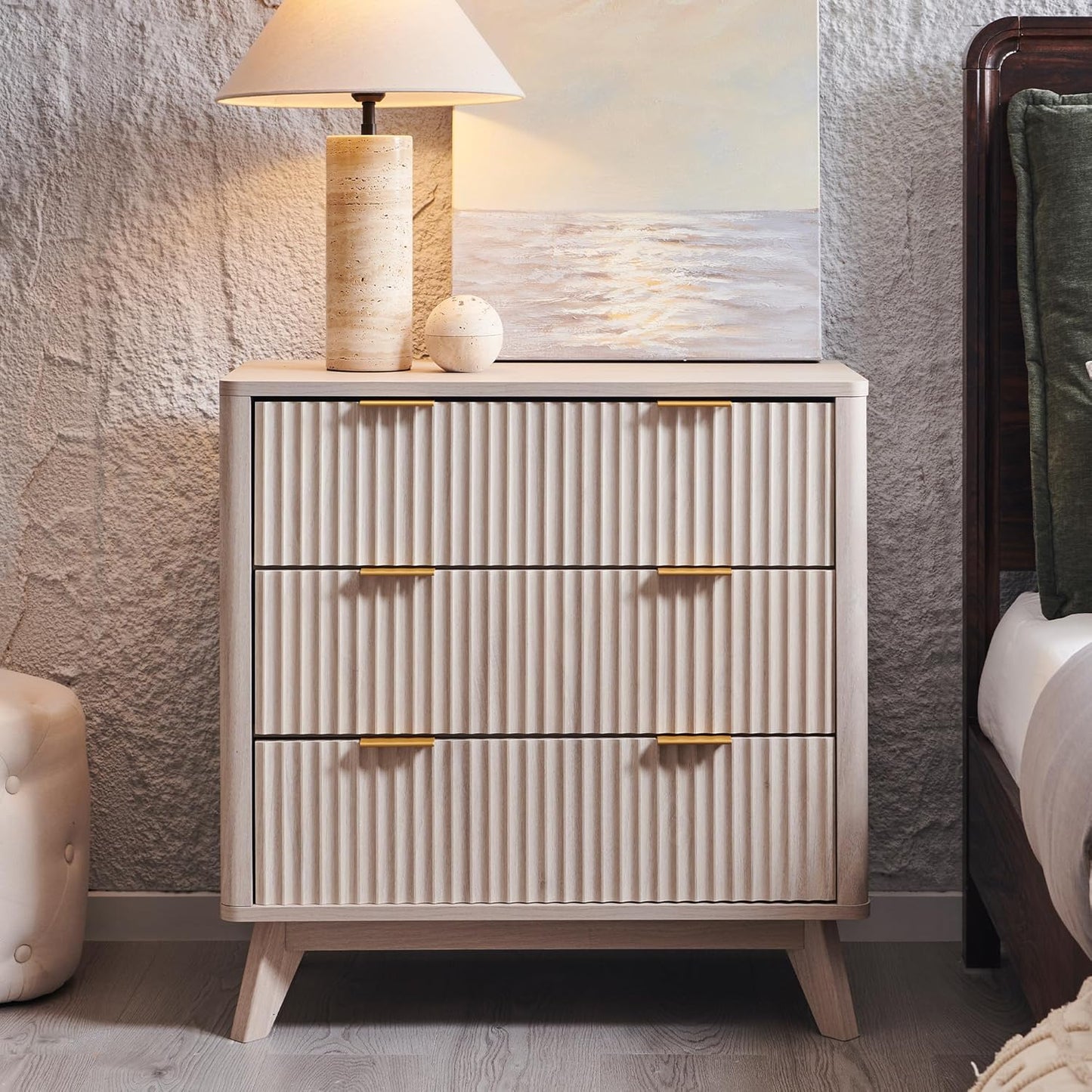 T4TREAM 32" Tall Fluted Nightstand, Modern Side Table with 3 Drawers, End Table w/Storage, Bedside for Bedroom, Living Room, Curved Profile Design, White Alder