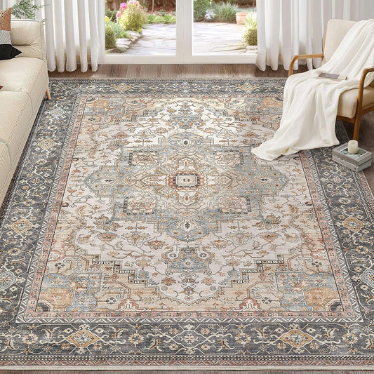 Washable Area Rugs for Living Room - 9x12 Neutral Vintage Distressed Floral Farmhouse Boho Large Soft Floor Rug Indoor Non Slip Carpet for Bedroom Dining Room Office -Forest Green Orange