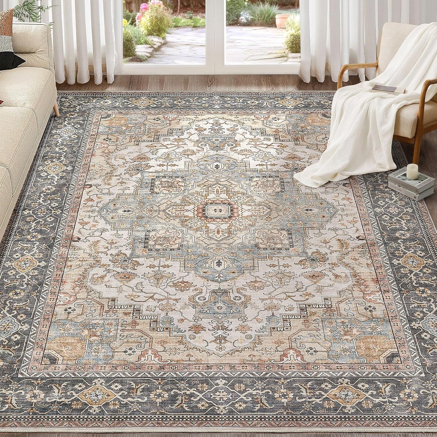 Washable Area Rugs for Living Room - 8x10 Neutral Vintage Distressed Floral Farmhouse Boho Large Soft Floor Rug Indoor Non Slip Carpet for Bedroom Dining Room Office -Forest Green Orange