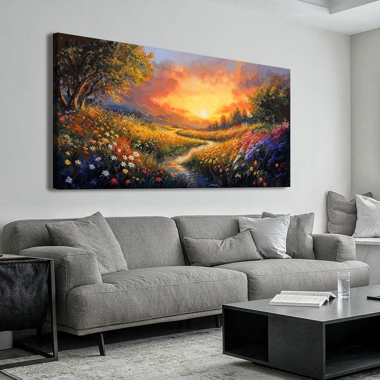 Canvas Wall Art Decor Large Wall Art Pictures for Living Room Vintage Landscape Wall Art Prints Canvas Art Wall Decor Wildflower River Artwork for Walls Bedroom Home Aesthetic Wall Art Decor 20" X 40"