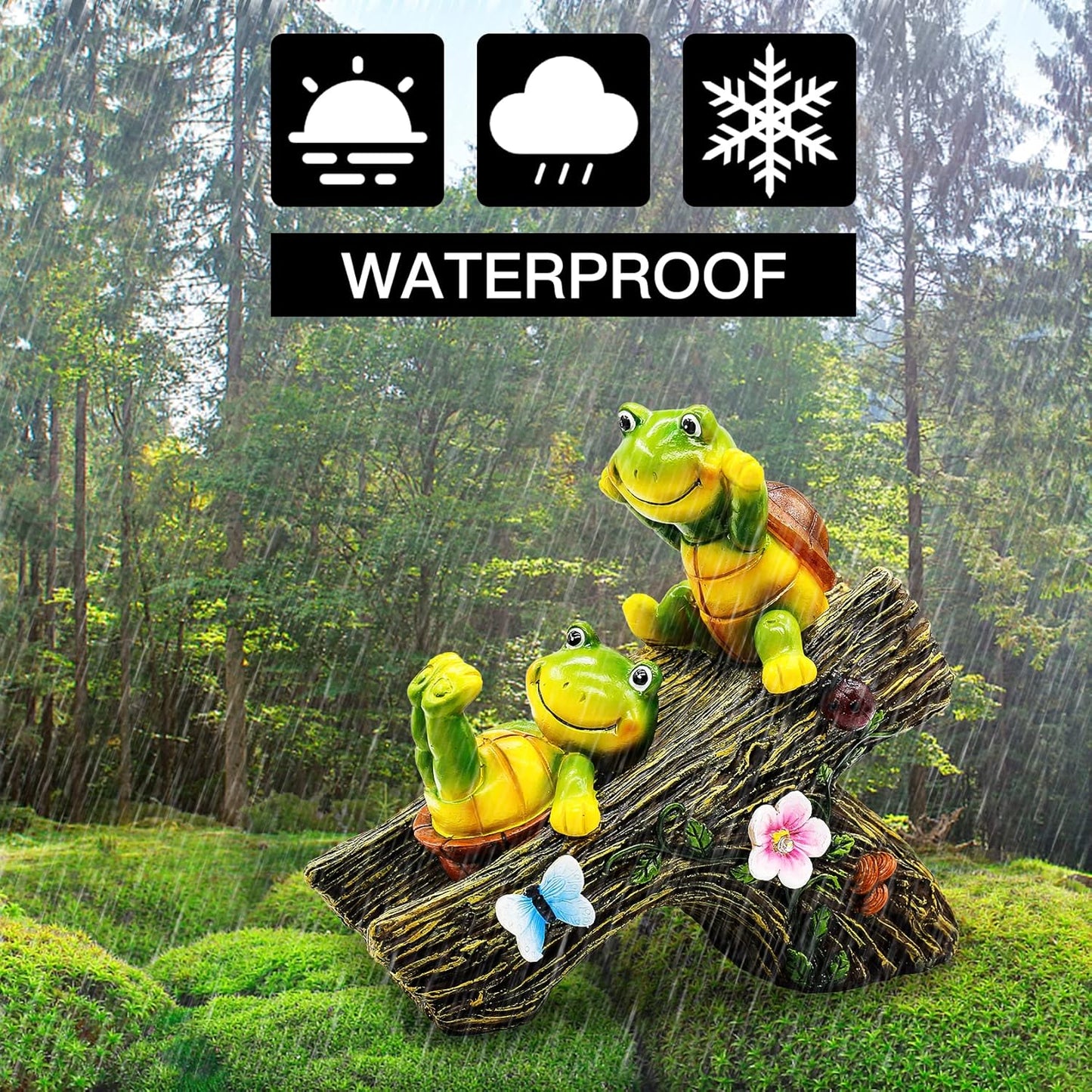 Garden Turtle Figurines Outdoor Decorations, Solar Statue Sweet Frog Face Turtles Decor with 4 LED Lights, Unique Garden Art Resin Statue Gifts for Patio Lawn Porch Yard