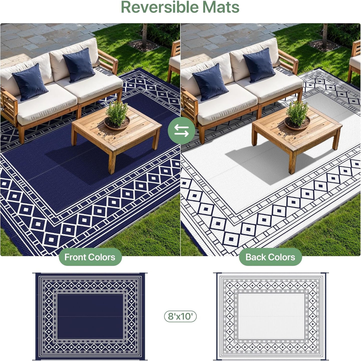 GENIMO Outdoor Rug Waterproof for Patio Decor, 8'x10' Foldable Reversible Plastic Straw Carpet for Travel Trailers, Outside Area Mat for Rv, Deck, Picnic, Porch, Camper, Balcony, Beach, Blue & White