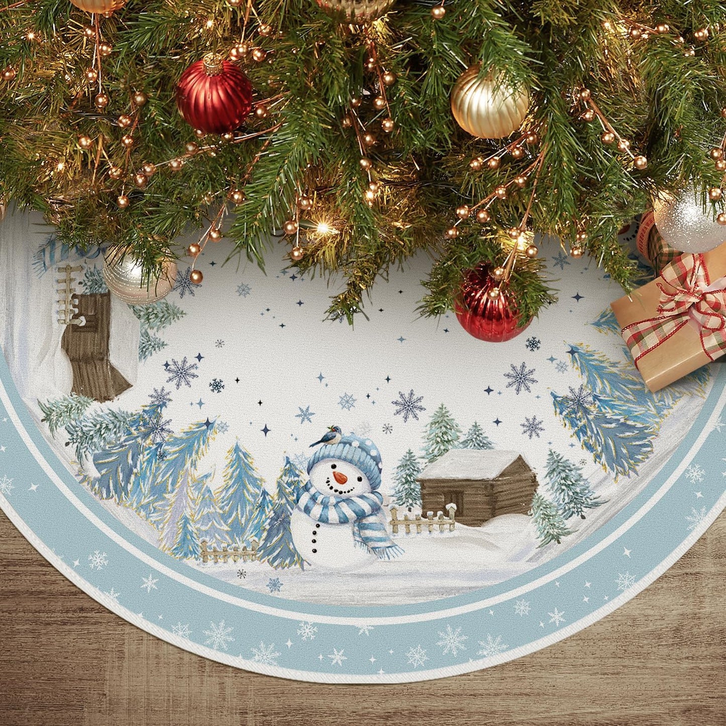 AVOIN colorlife Snowflake Snowman Cardinal Christmas Tree Skirt 48 Inch, Winter Holiday Tree Mat Decoration