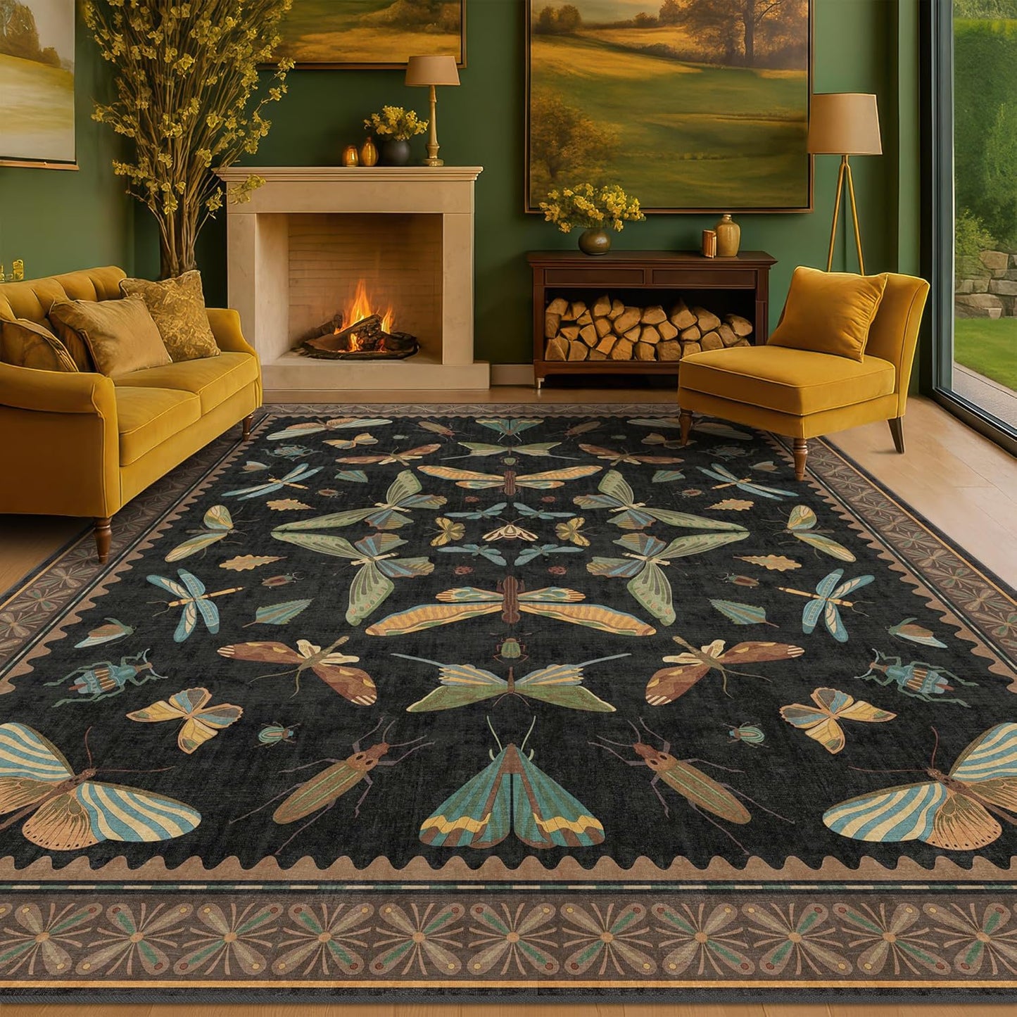 Big Black Area Rug for Living Room - Washable 10x14 Area Rug, Dining Room Rugs for Under Table, Soft Low Pile for Large Bedroom - Insect Witch Dark Moody Bug Decor, Non-Slip & Stain Resistance