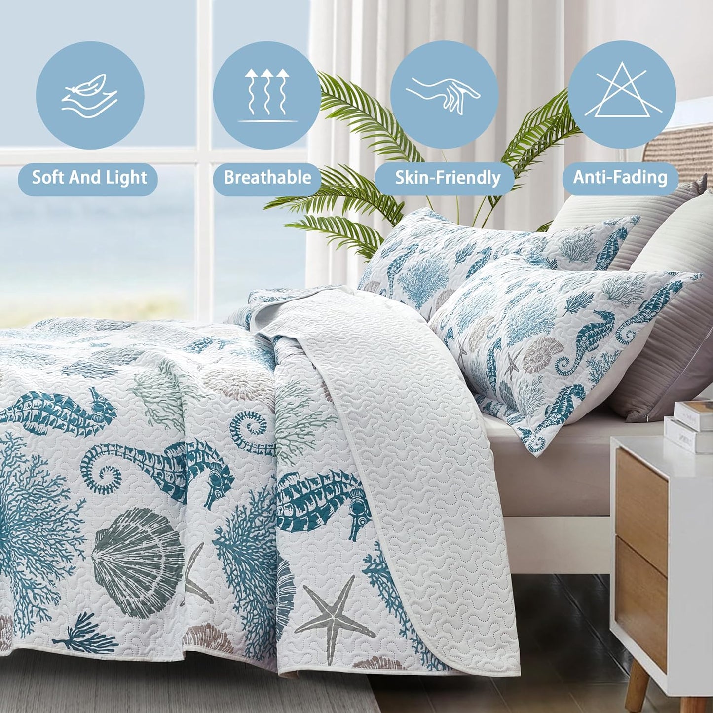Coastal Bedding King Size Coastal Quilt with 2 Shams, Nautical Beach Comforter Sets Ocean Bedspreads Blue Seahorse Coverlet Summer Bedding, 96''x106''