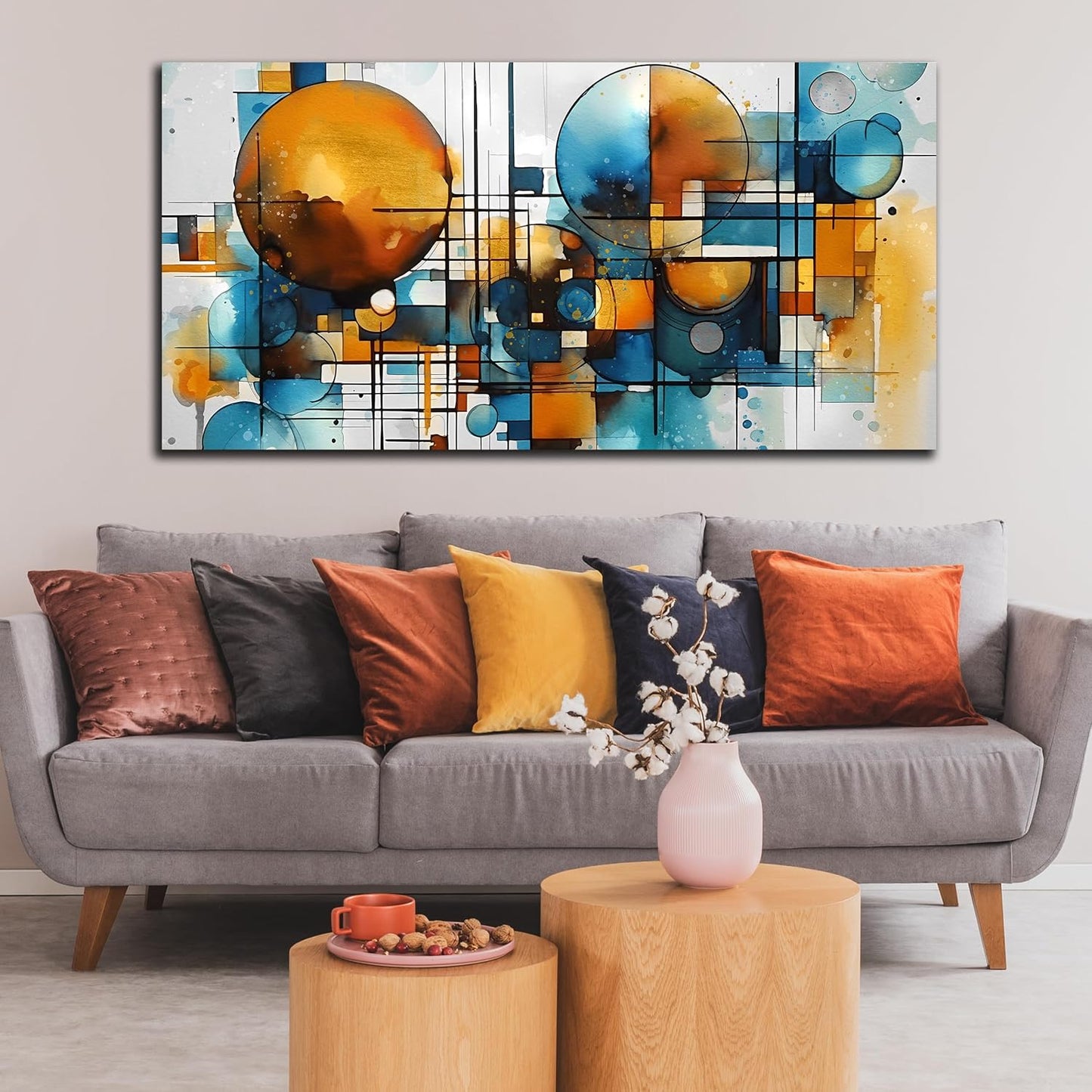ENTANUB Abstract Wall Art for Living Room, Circle Canvas Wall Decor for Bedroom, Orange and Blue Print Paintings Artwork, Size 29x59 Inches
