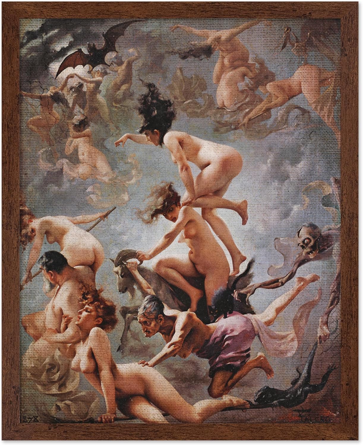 Poster Master Vintage Luis Ricardo Falero Poster - Retro Occult Print - Gift for Gothic, Horror Fan - Witches Going to their Sabbath, Pagan - Wall Decor for Bedroom, Dorm, 8x10 Brown Framed
