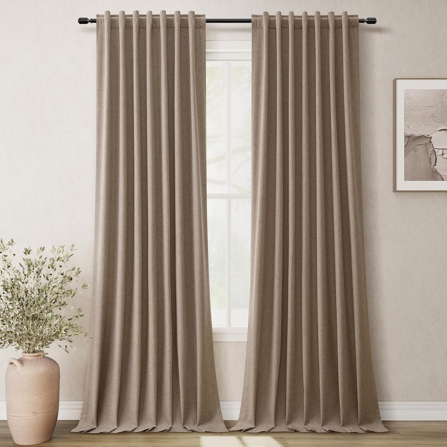 BOODII Room Darkening Curtains 120 Inch Back Tab Thermal Insulated Black Out Linen Drapes Extra Long Blackout Curtains for Patio Door Large Window Ceiling to Floor Light Blocking Brown 52x120