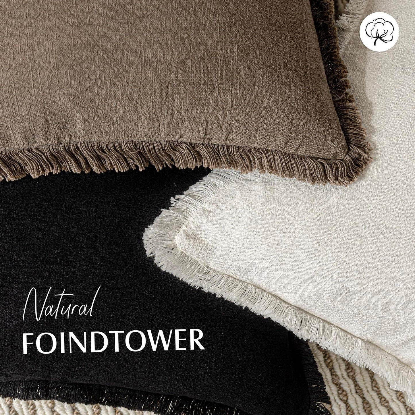 Foindtower Set of 2 Decorative Linen Fringe Throw Pillow Covers Cozy Boho Farmhouse Cushion Cover with Tassels Soft Accent Pillowcase for Couch Sofa Bed Living Room Home Decor, 22×22 Inch, Light Brown