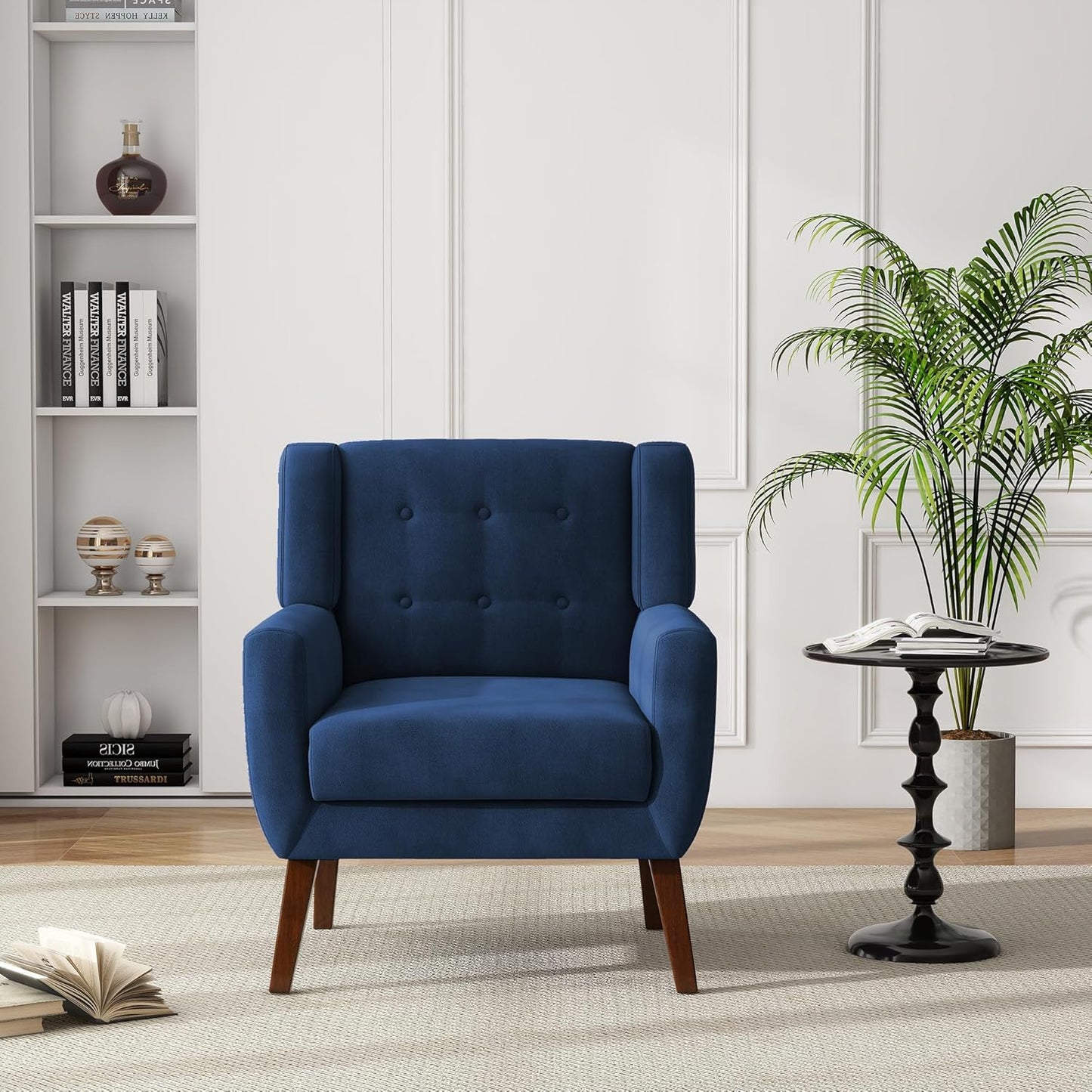 UIXE Velvet Accent Chairs Set of 2, Modern Arm Chair Mid-Century Living Room Armchair, Comfy Upholstered Button Tufted Reading Seat Bedroom Side Sitting, Royal Blue