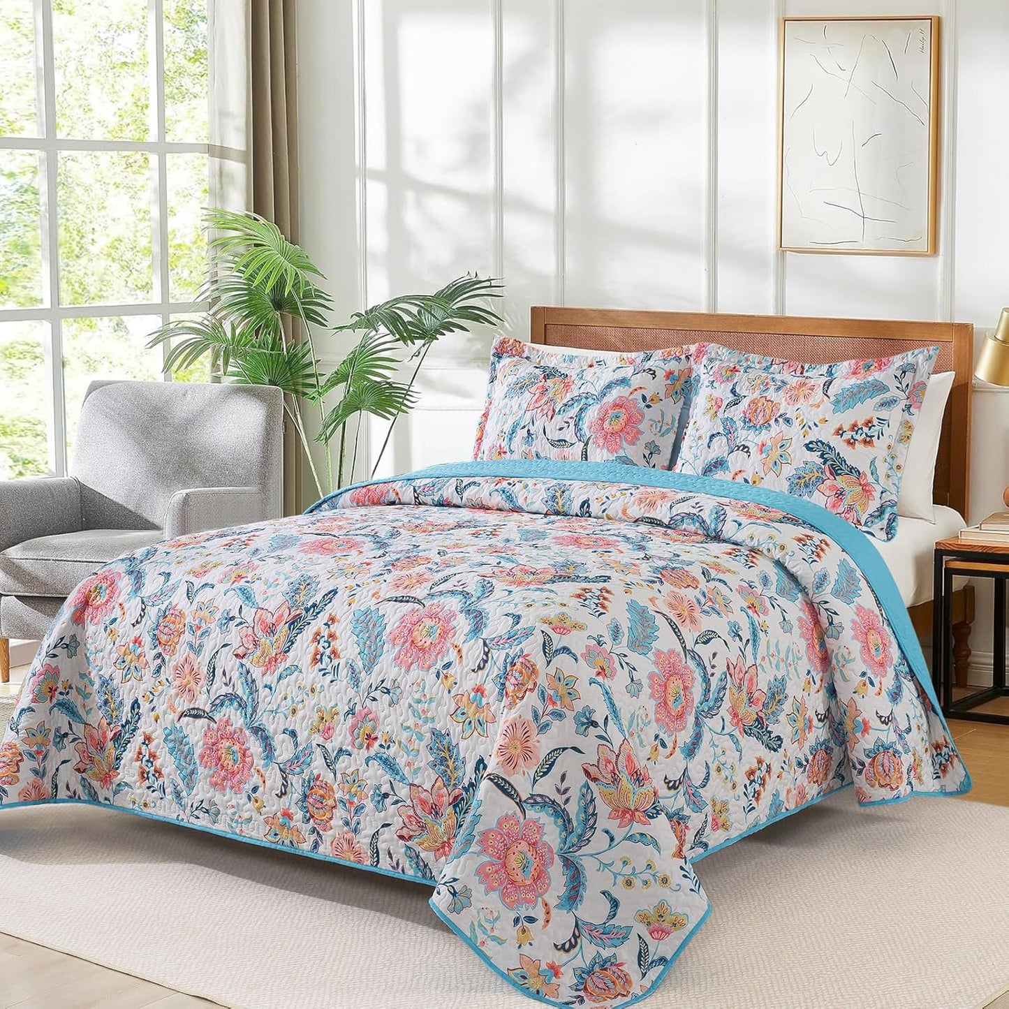 VAPUTAR Garden King Size Bedspread for Adults - Floral Quilt King Size Bedding Set (98 x 106 inch) with 2 Pillow Shams - Lightweight Reversible Coverlet Quilt for Bedroom, 3 Pieces