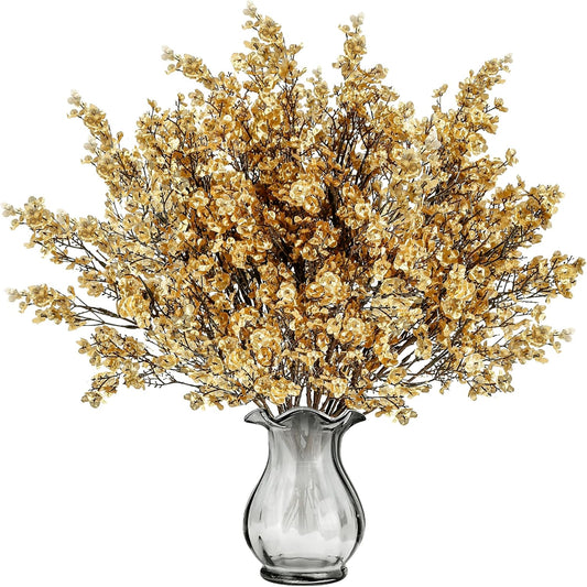 Sggvecsy 15 Pcs Babys Breath Artificial Flowers Gypsophila Bouquets Bulk Real Touch Fake Silk Flowers for Home Wedding DIY Floral Arrangement Kitchen Table Centerpiece Christmas Decoration (Gold)