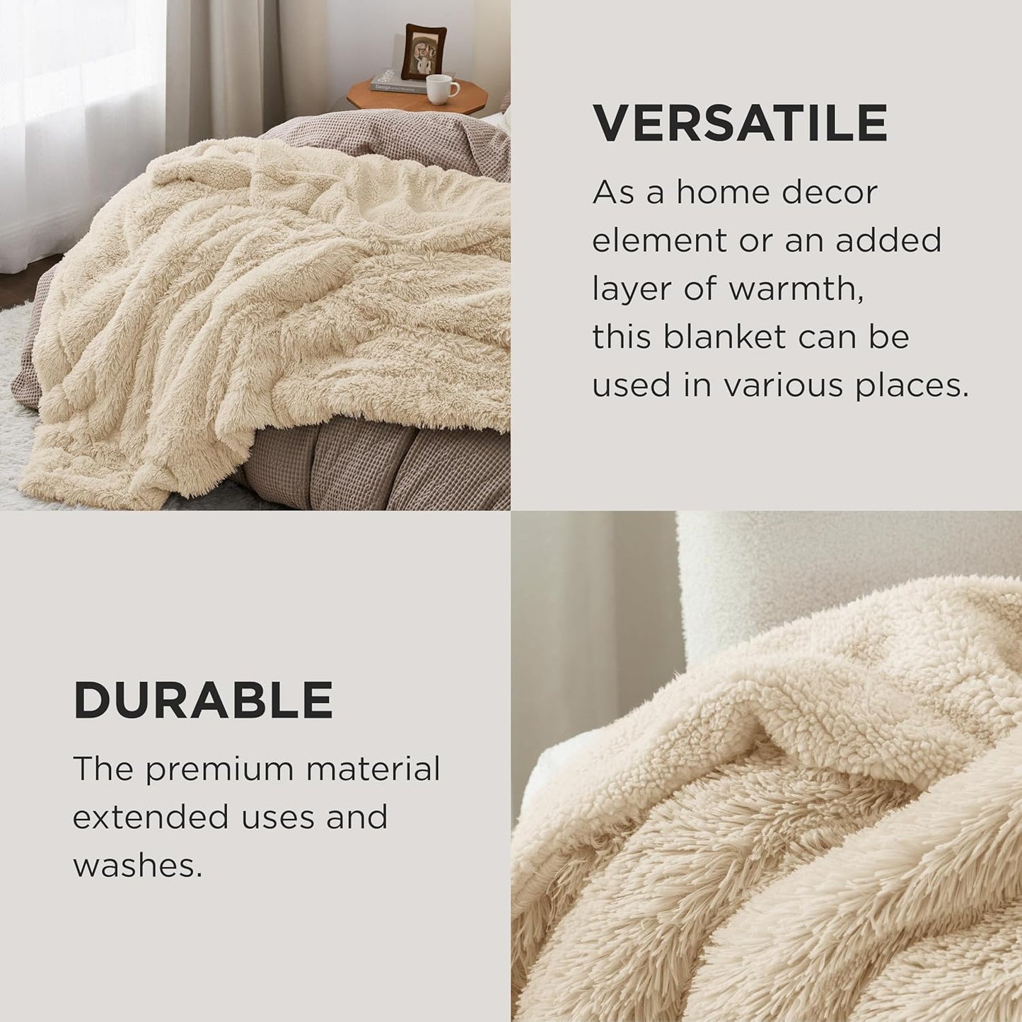 Bedsure GentleSoft Fluffy Beige Blankets Queen Size for Bed, Thick Sherpa Faux Fur Fleece Fuzzy Plush Winter Warm Heavy Soft Queen Blankets, Bedroom Decor Beige Gifts Cozy Gifts for Women Men, 90x90