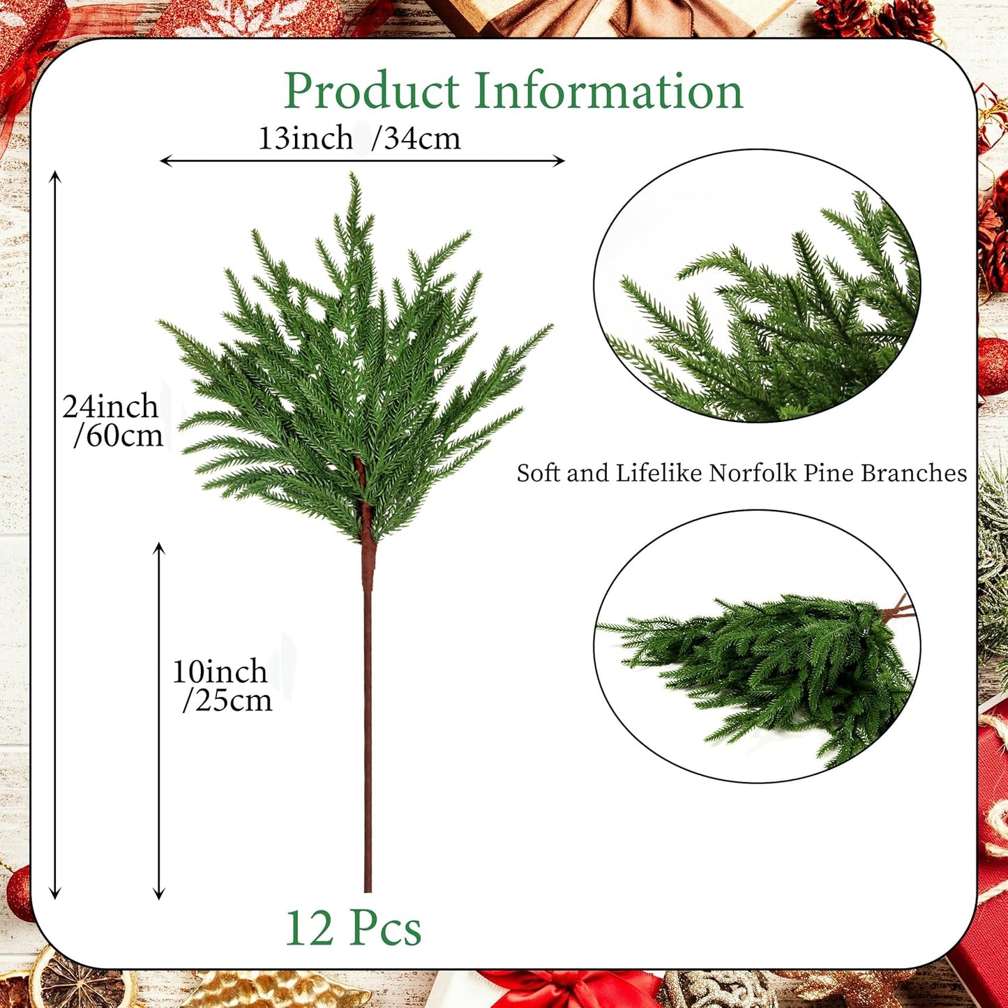 12Pcs Artificial Norfolk Pine Branches 24" Plastic Christmas Plants Decor Faux Greenery Stems Pine Picks Outdoor Faux Plants UV Resistant for Xmas Indoor, Front Porch Home Décor (12, 24inch)