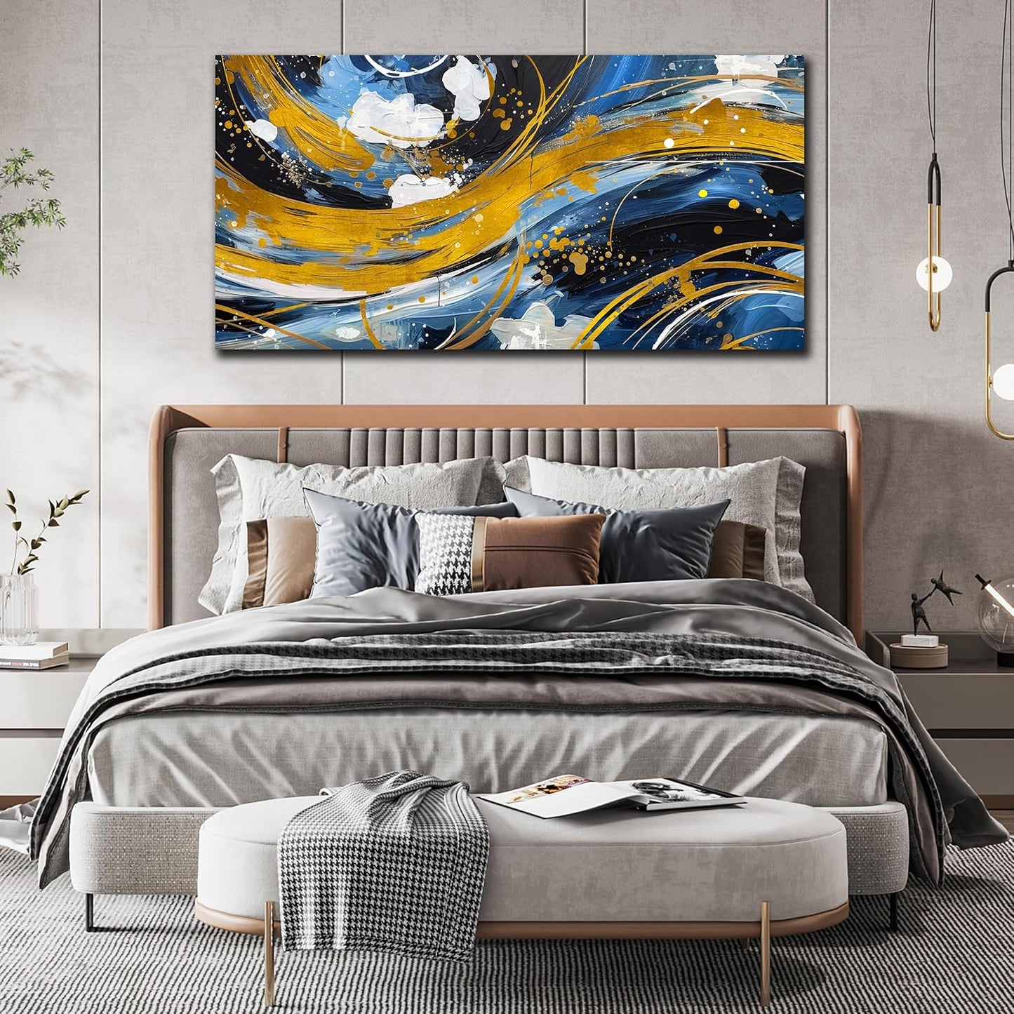 ENTANUB Abstract Canvas Wall Art for Living Room, Gold and Blue Wall Decor for Bedroom, Print Paintings Artwork, Size 29x59 Inches
