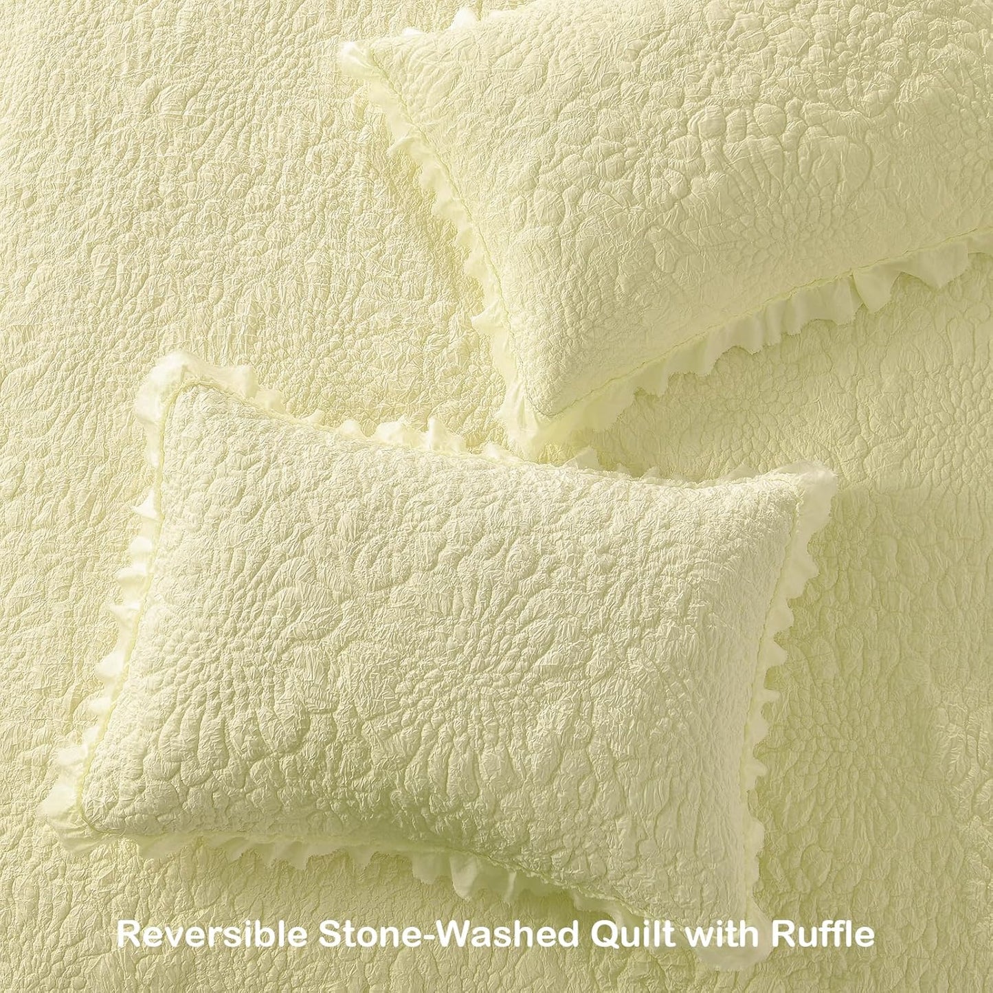 Light Yellow Ruffled Quilt King Size, Stone-Washed Microfiber Lightweight Crinkled Farmhouse Rustic Shabby Chic Bedding Set, 3 Pieces Reversible Bedspread Coverlet with Pillow Shams for All Season
