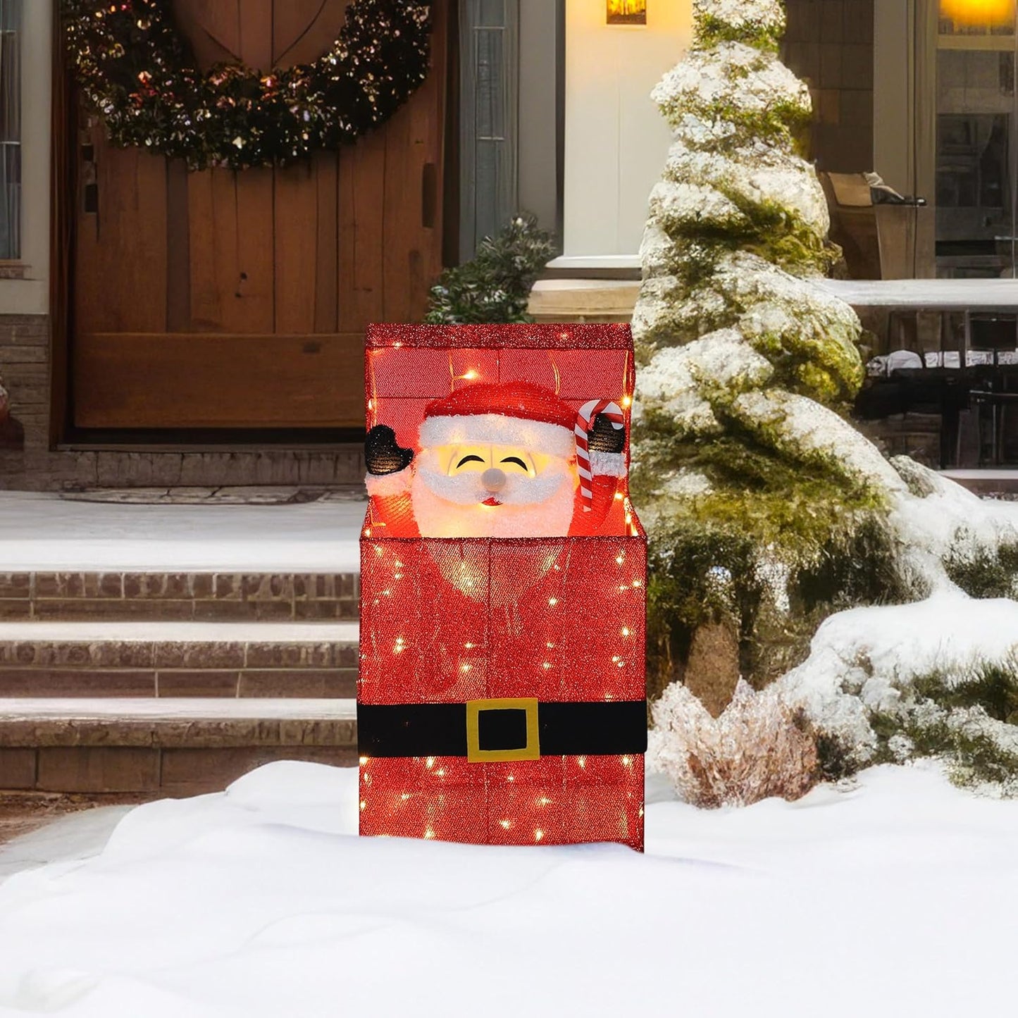 Light Up Electric Santa Claus Decor with 100 LED Lights, 3D Pre-Lit Animated Santa Claus for Xmas Decoration, 14.17" L x 10" W x 26.97" H Freestanding Glittered Display for Outdoor, Indoor