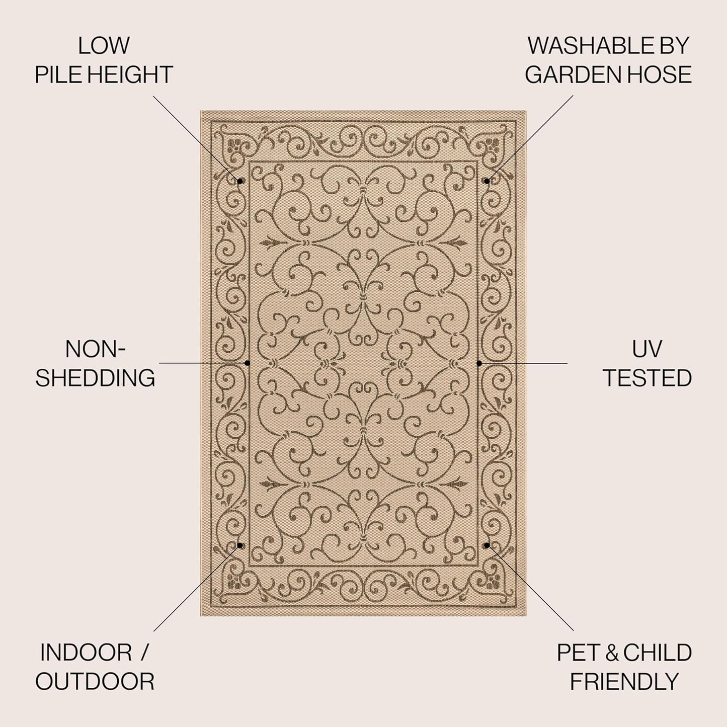 JONATHAN Y Vintage Filigree Indoor Outdoor Round Area Rug 6 Ft Beige/Brown, Charleston Textured Weave for Backyard, Patio, Porch, Easy-Cleaning, High Traffic, Pet-Friendly, Non-Shedding (SMB106A-6R)