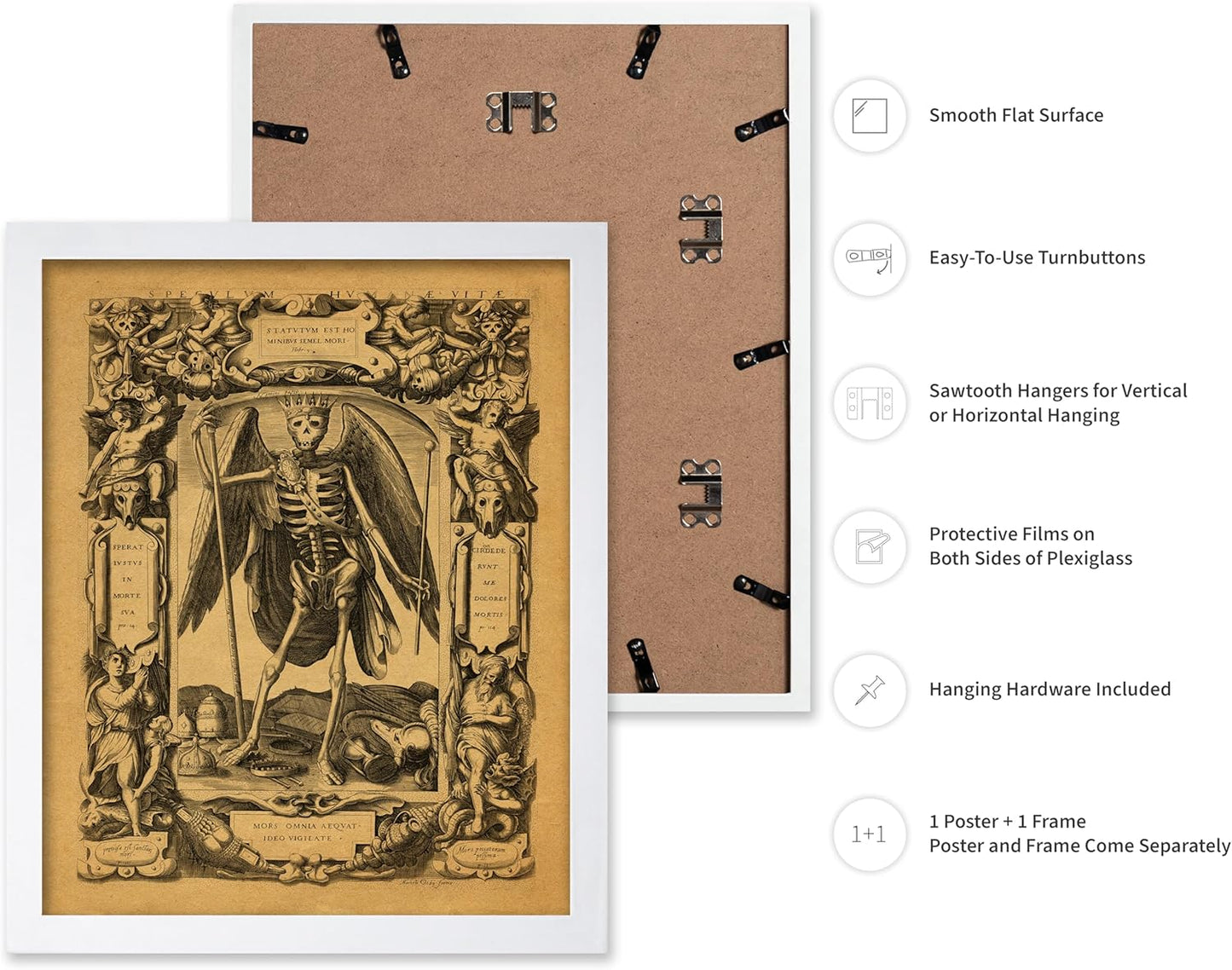 Poster Master Vintage Medieval Poster - Retro Gothic Print - Gift for Artist, Friend - Angel of Death, Memento Mori, Life, Skeleton, Dark - Wall Decor for Home, Living Room, 8x10 White Framed