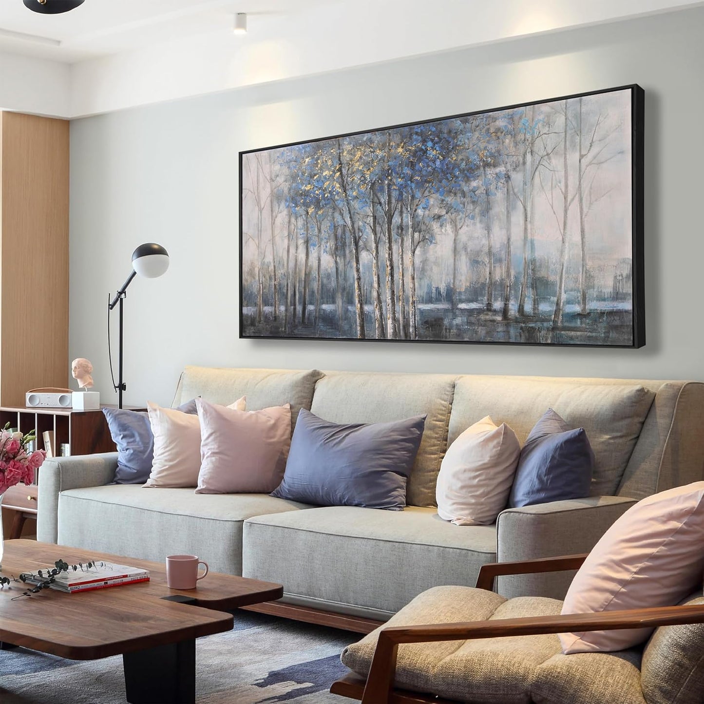 Abstract Canvas Wall Art Modern Abstract Artwork Canvas Prints Framed Canvas Picture Blue Embellishments Plant Grey Misty Forest Abstract Tree Contemporary Wall Art Bedroom Living Room Office