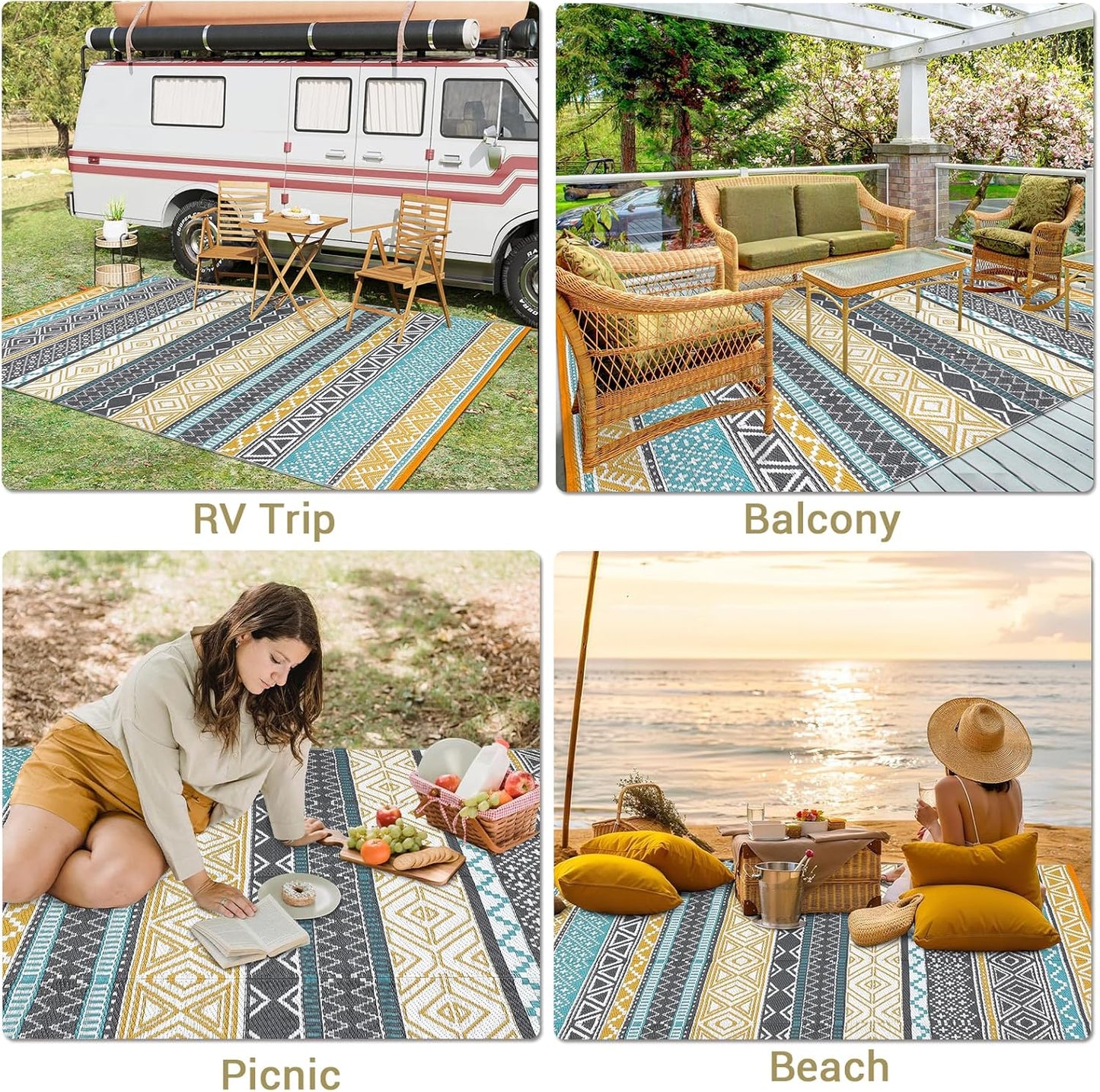 GAOMON Outdoor Rug 9'x12' Waterproof Rug for Patio Decor, Foldable Reversible Plastic Straw Area Rugs Mat for Camper, Outside Carpet for Deck, Porch, Picnic, Beach, Teal/Yellow(Bohemia)