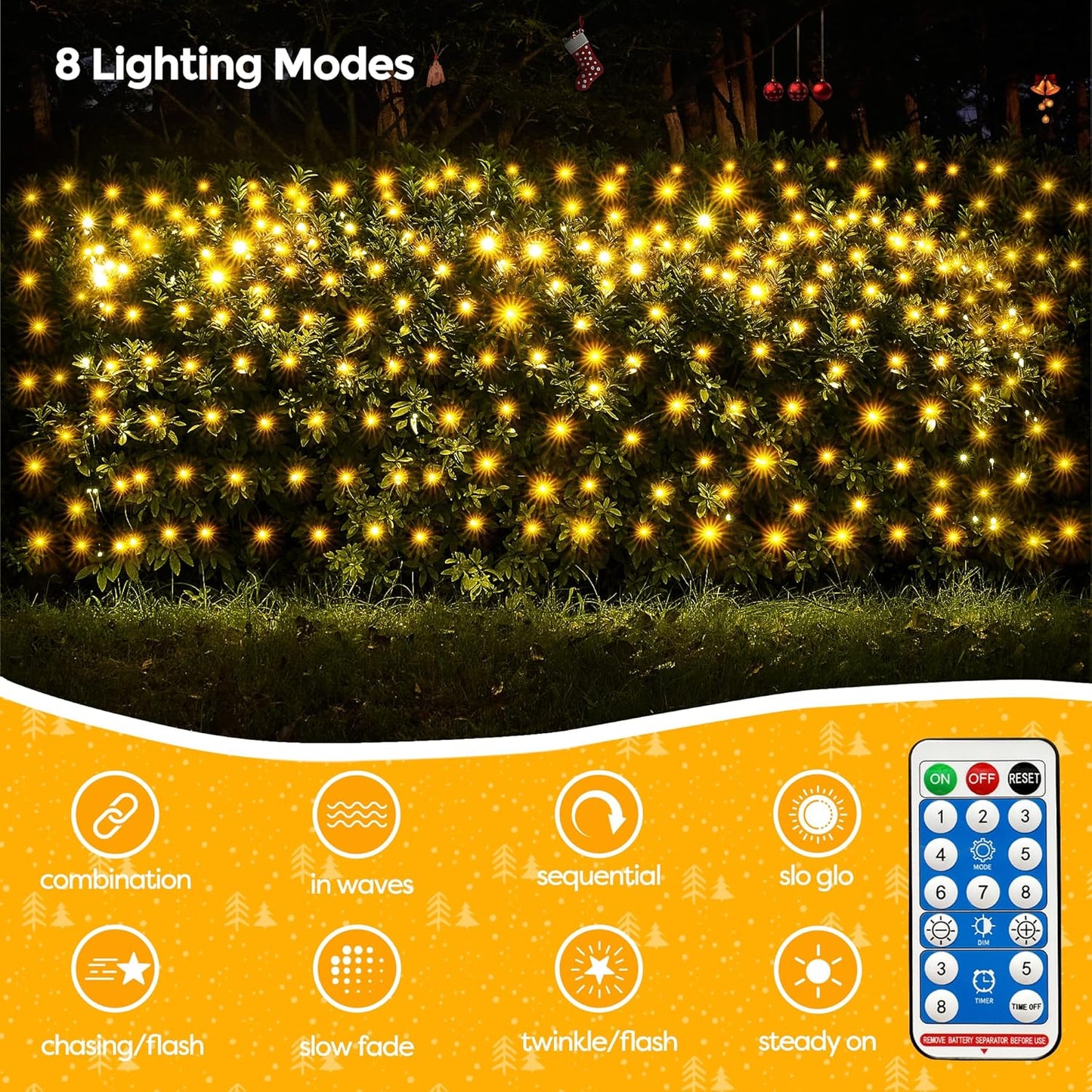 WBao Solar Christmas Lights Outdoor 360LED 11.5ft x 6.9ft Christmas Net Lights with Remote, 8 Lighting Modes, Timer, Waterproof for Lawn, Bushes, Shrub, Trees Outdoor Christmas Decorations, Warm White