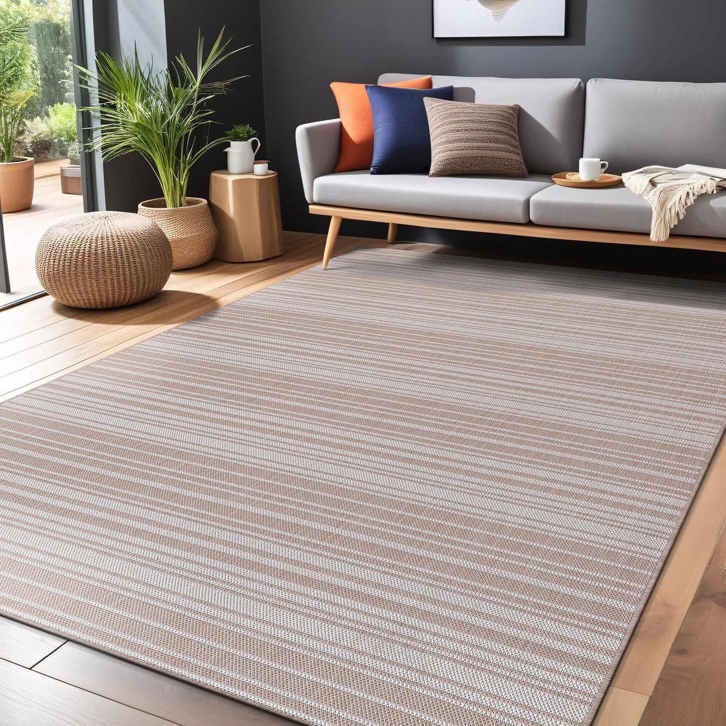 Stripe Outdoor Rug 10x14 Washable Outside Carpet for Indoor Patio Porch Waterproof Easy Cleaning Non Shedding Area Rugs Beige 10 x 14