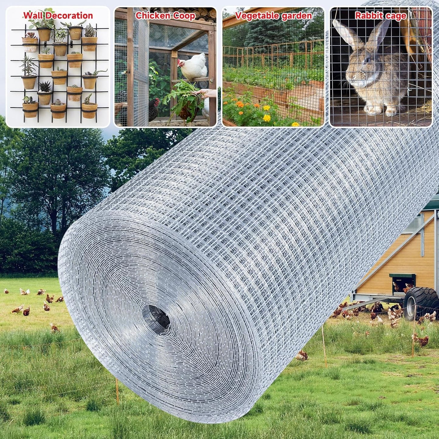 Hardware Cloth,1/4inch 48inx100ft 23 Gauge,Double-Layer Hot-Dip Galvanizing After Welding,Chicken Wire Fence Wire Mesh Fence Poultry Netting Garden Fence Tree Guard Rolls