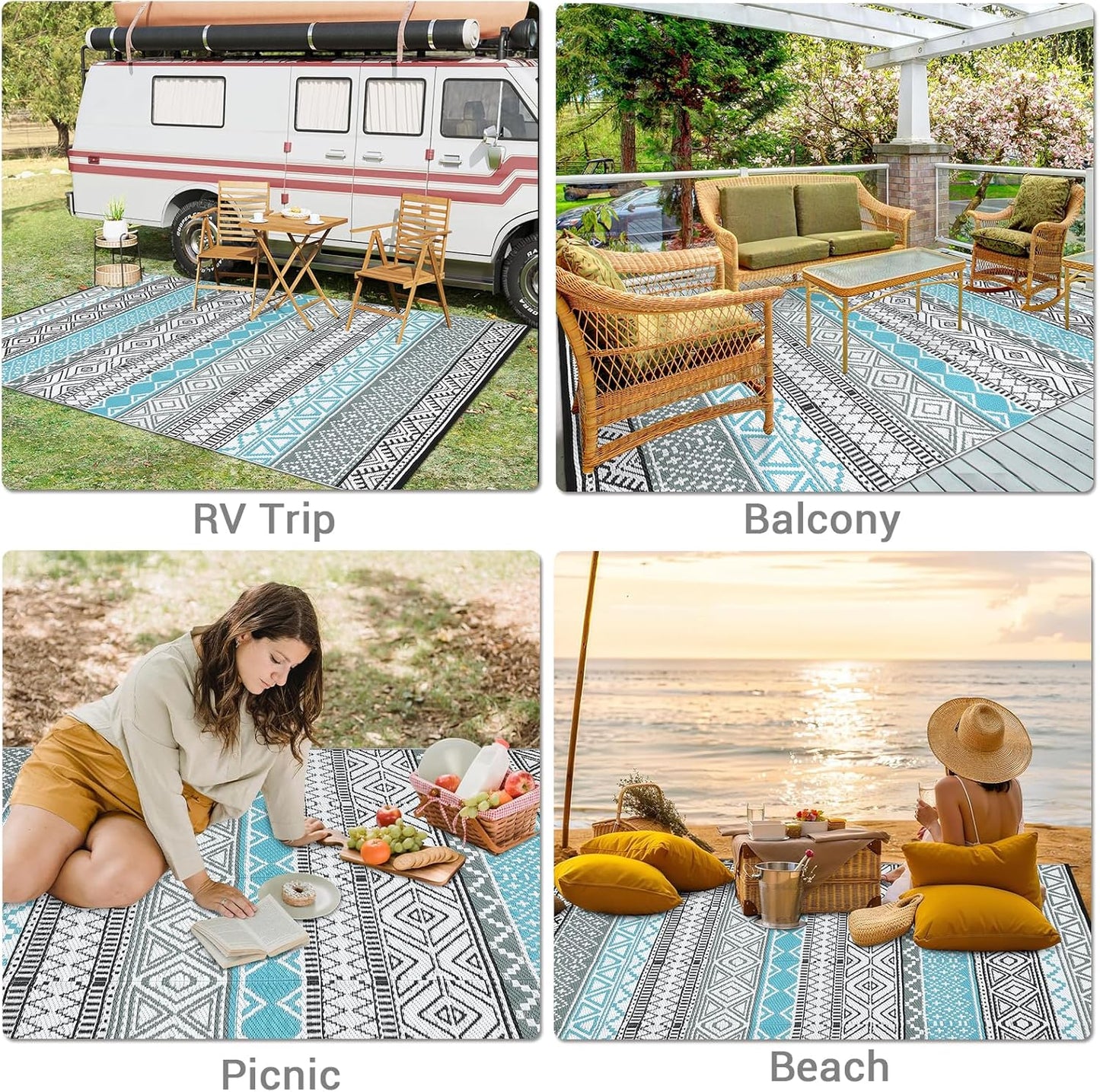 GAOMON Reversible Outdoor Rug 9'x18' Waterproof Plastic Straw Rug, Patio Rug, Large Modern Area Rug Carpet, Indoor Outdoor Rugs for Camping, Porch, Deck, Balcony, Backyard, Blue/Grey(Bohemia)