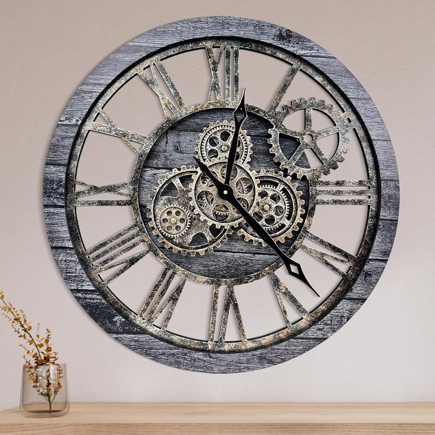 The B-Style Large Wall Clock 24 inch Moving Gear Wall Clock Oversized Vintage Farmhouse Wall Clocks for Living Room Decor Rustic Industrial Wood Clock (Carbon Gray, 36 inch/90cm)