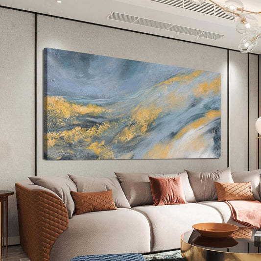 Abstract Wall Art Decor Large Modern Blue Wall Art Prints Canvas Wall Art for Living Room Abstract Canvas Art Wall Decor Gold Wall Art Decorations Artwork for Walls Kitchen Bedroom Decor 24" X 48"