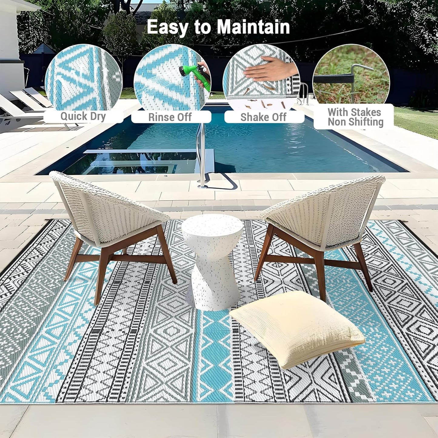 GAOMON Outdoor Rug Waterproof 8'x10', Reversible Outdoor Plastic Straw Rug, Boho Patio Rug, Indoor Outdoor Carpet, RV Mat Outside for Patio, Camp, Picnic, Balcony, Deck, Blue/Grey(Bohemia)