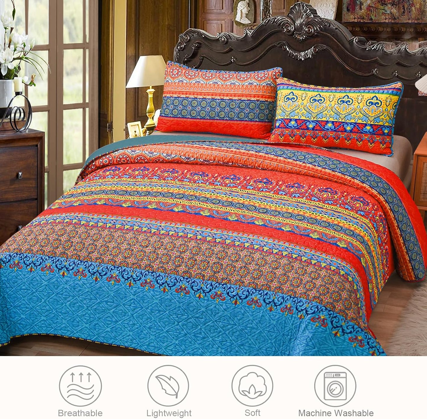 Exclusivo Mezcla Reversible Boho Quilt Set King Size, 3 Pieces Bohemian Blue All Season Bedspreads, Ultra Soft Floral Coverlet Bedding Set with Printed Pattern (1 Quilt, 2 Pillow Shams)