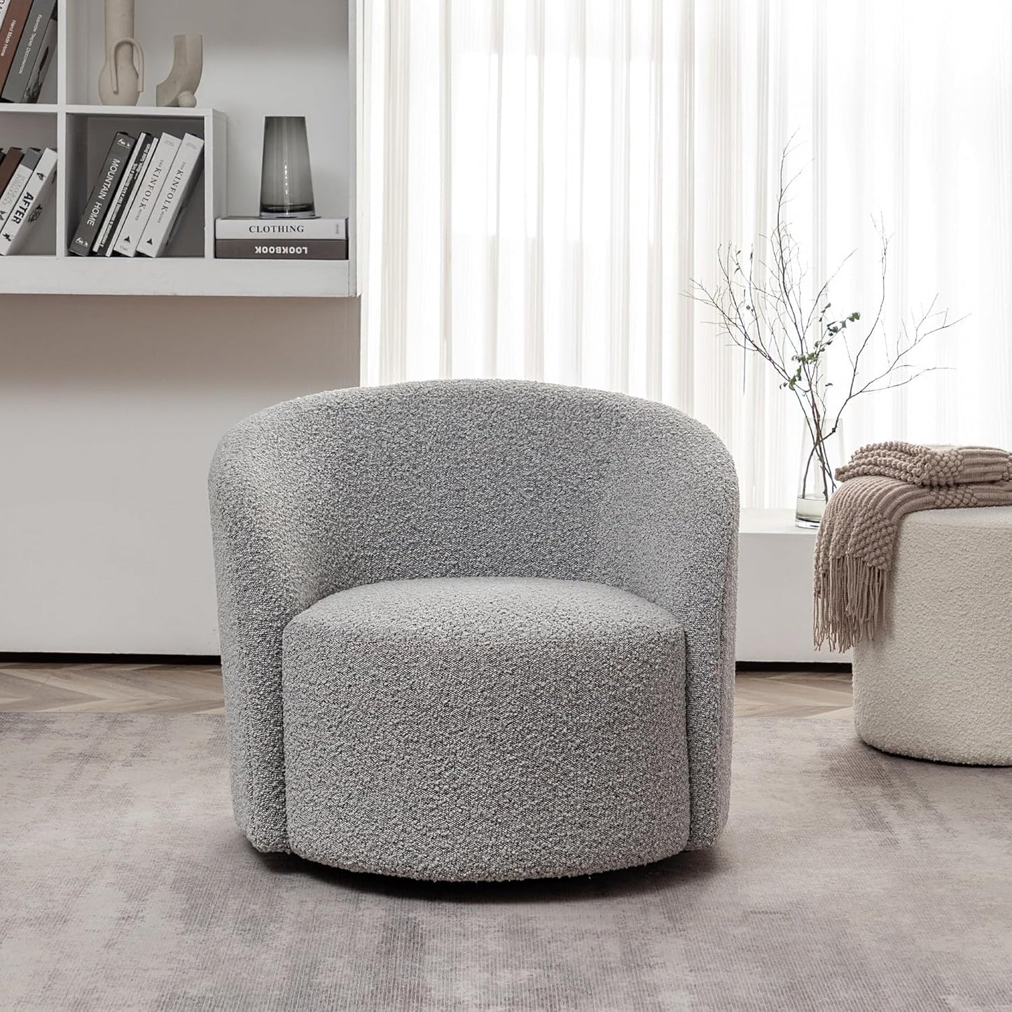 KINWELL 34" W Mid Century Modern Swivel Barrel Chair, Round Upholstered Boucle Swivel Accent Chairs, No Assembly Sofa Chair for Living Room Bedroom Reading Apartment Lounge Nursery(Black White)