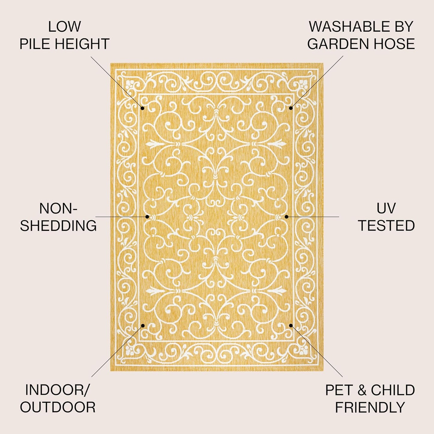 JONATHAN Y Vintage Filigree Indoor Outdoor Area Rug 4X6 Yellow/Cream, Charleston Textured Weave for Backyard, Patio, Porch, Easy-Cleaning, High Traffic, Pet-Friendly, Non-Shedding (SMB106L-4)
