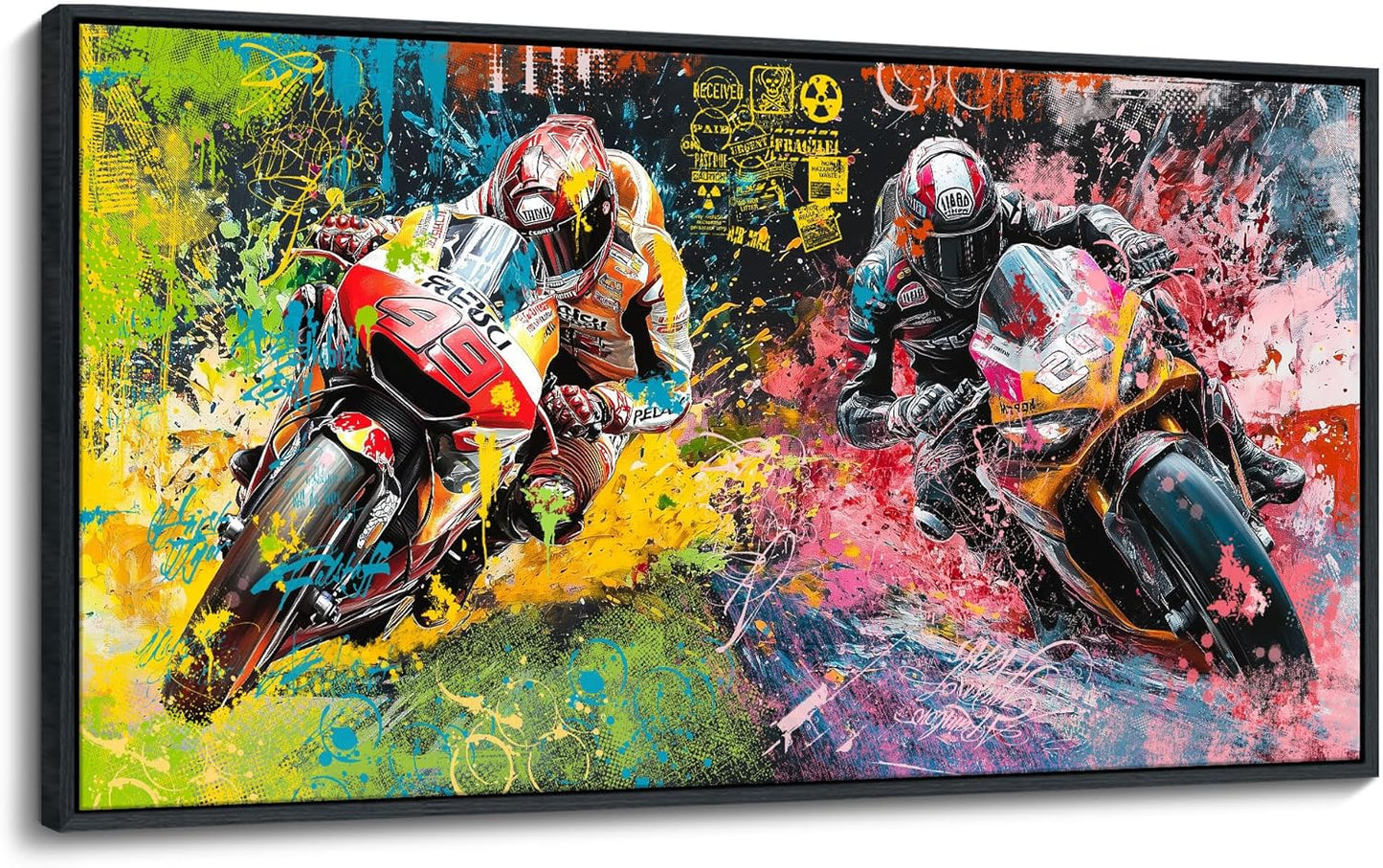 JEAWA Framed Canvas Wall Art - 20x40 In Abstract Painting Decor, Motorcycle Racing Color Graffiti Pictures, Modern Art Prints for Bedroom Living Room Bathroom Home Decoration