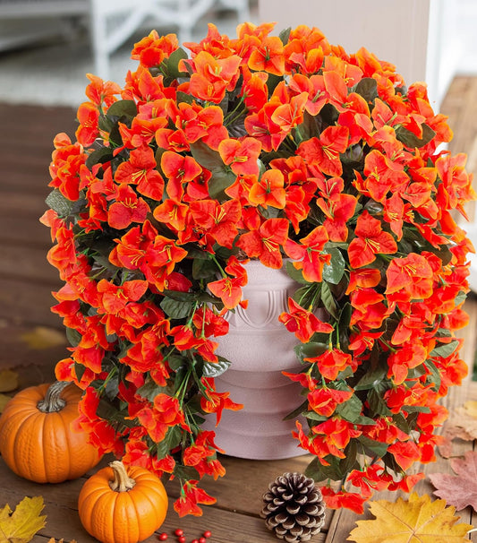 Artificial Bougainvillea Faux Flowers Plants for Outdoors Outside Fall Autumn Decor, 2 PCS Silk Trailing Vines UV Resistant Realistic Orange Fake Flowers for Planter Front Door Porch Patio Balcony