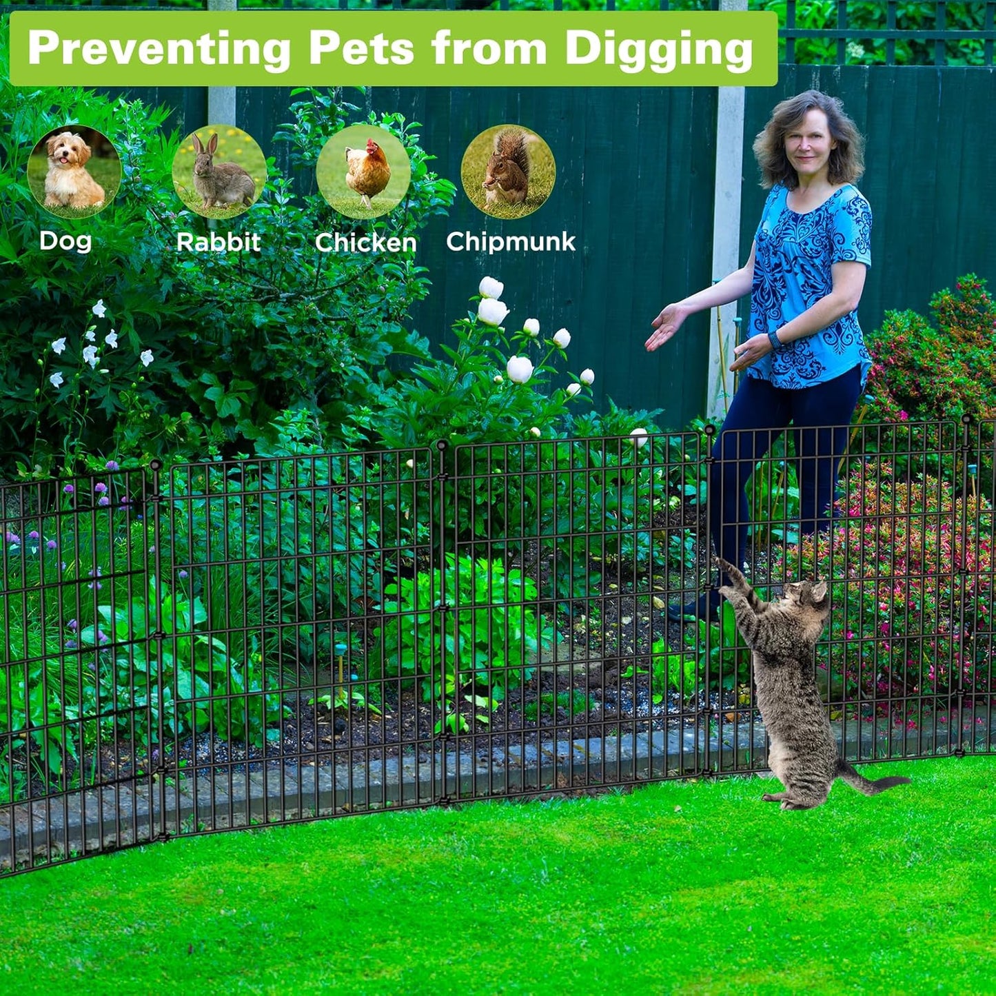 5 Panels No Dig Garden Fence with Gate, 44in(H) × 11.8ft(L) Decorative Metal Outdoor Dog Fence, Rustproof Pet Fencing for Yard, Patio, Flower Bed -Temporary Fencing| Easy to Install