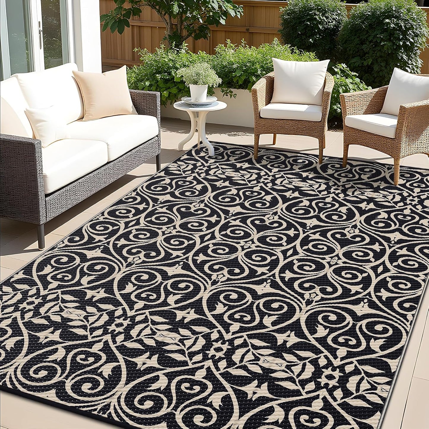 OLANLY Outdoor Rug Waterproof 9x12 ft Clearance, Reversible Outdoor Plastic Straw Rug with Floral Pattern, RV Mat for Patio, Camping, Balcony, Deck, Backyard, Black & Beige