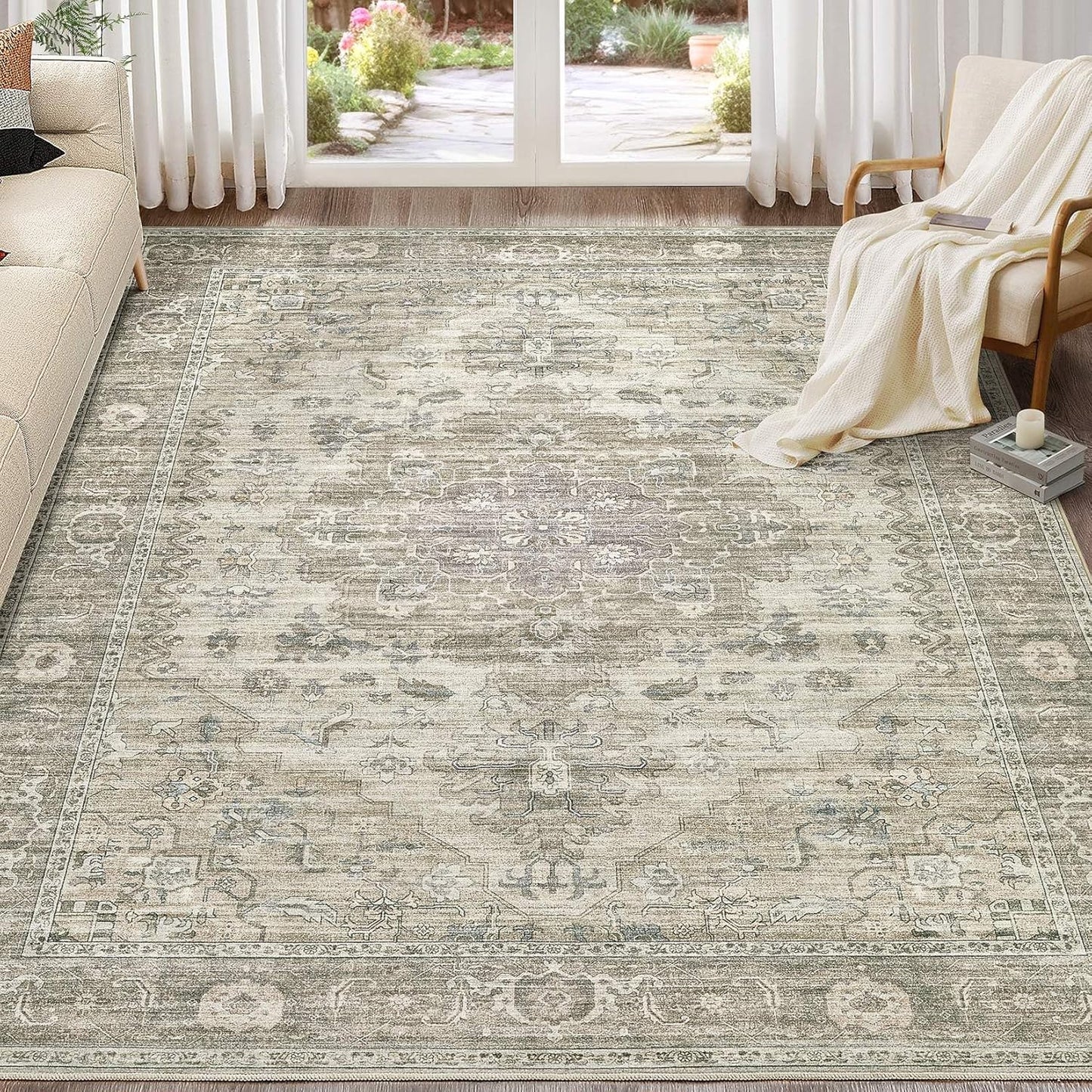 Washable Area Rugs for Living Room -10x14 Neutral Vintage Distressed Floral Farmhouse Boho Large Soft Floor Rug Indoor Non Slip Carpet for Living Room Bedroom Dining Room Office -Brown/Tan