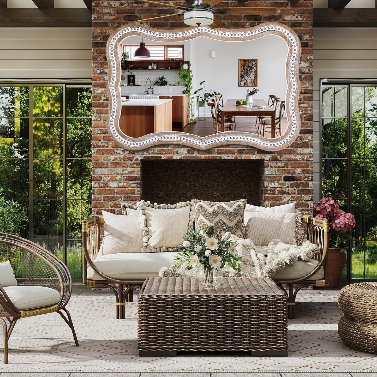 35" x 24" Rustic Farmhouse Mirror for Wall Decor, Wooden Beads Decorative Mirrors for Living Room, Bedroom, Hallway, Bathroom, Entryway - Vertical or Horizontal Hanging