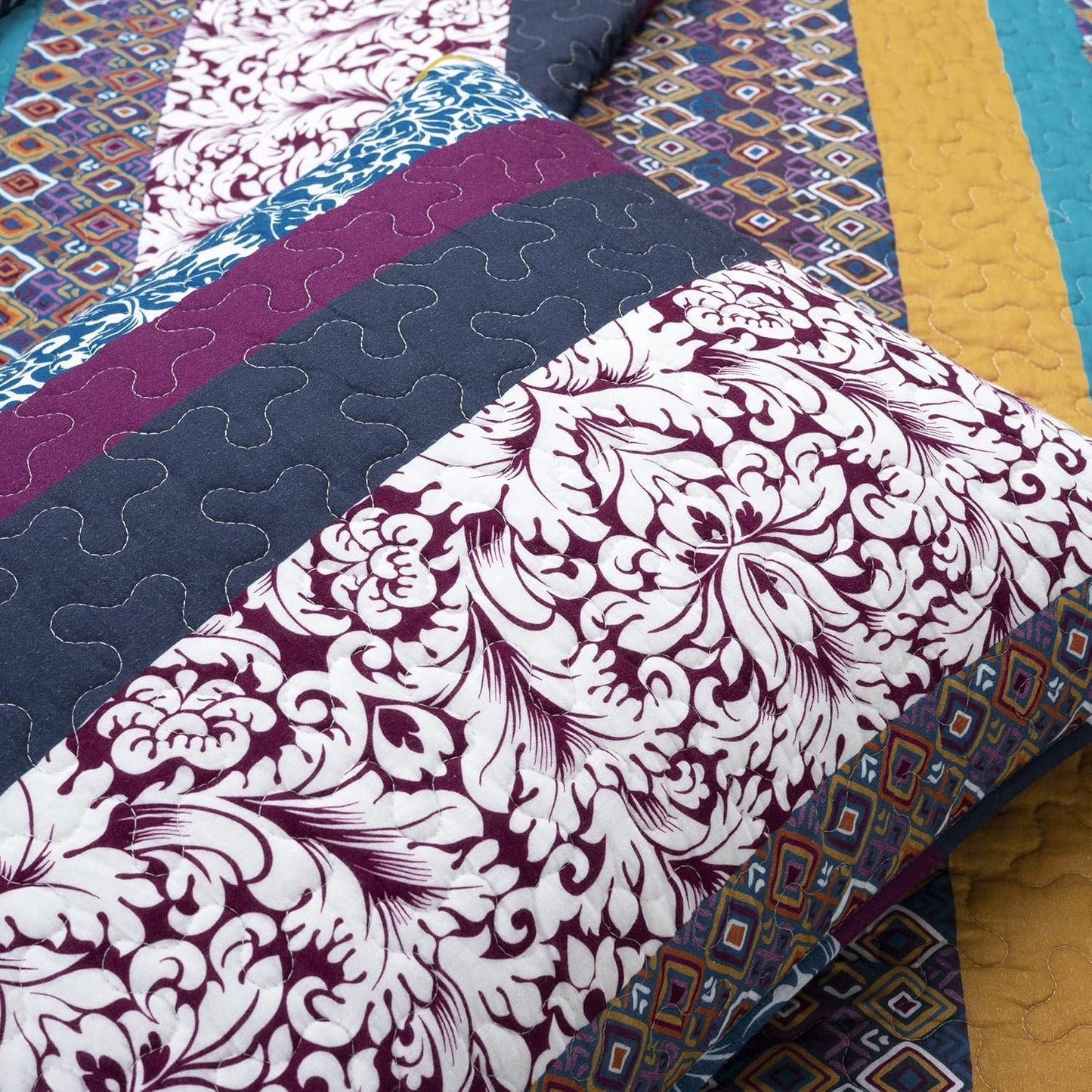 Lush Decor Boho Stripe Reversible Cotton Quilt 3-Piece Set, King, Plum & Yellow - Bold Colorful Bohemian Bedding Set