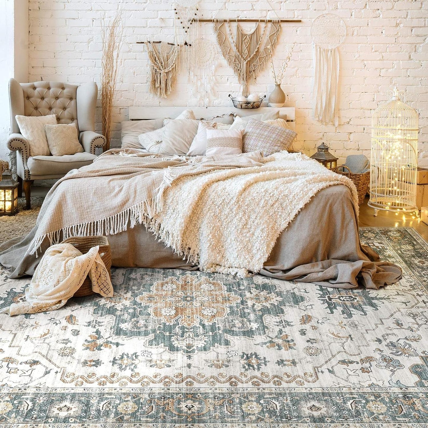 Washable Area Rugs for Living Room -10x12 Neutral Vintage Distressed Floral Farmhouse Boho Large Soft Floor Rug Indoor Non Slip Carpet for Living Room Bedroom Dining Room Office -Green/Grey