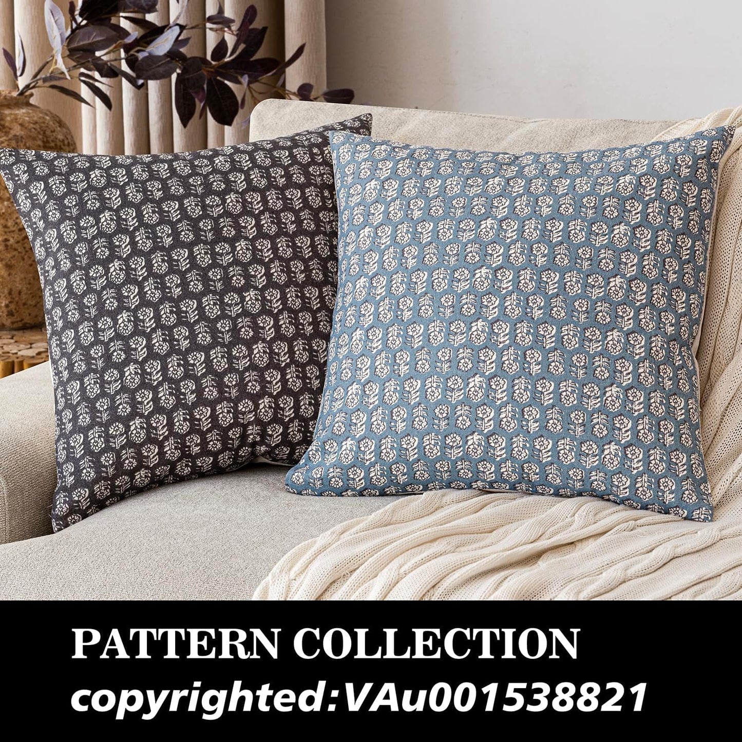 Foindtower Set of 2 Decorative Neutral Floral Print Throw Pillow Covers Vintage Accent Farmhouse Cushion Covers Boho Home Decor for Sofa Chair Couch Bedroom Living Room Outdoor,18×18 Inch,Dusty Blue