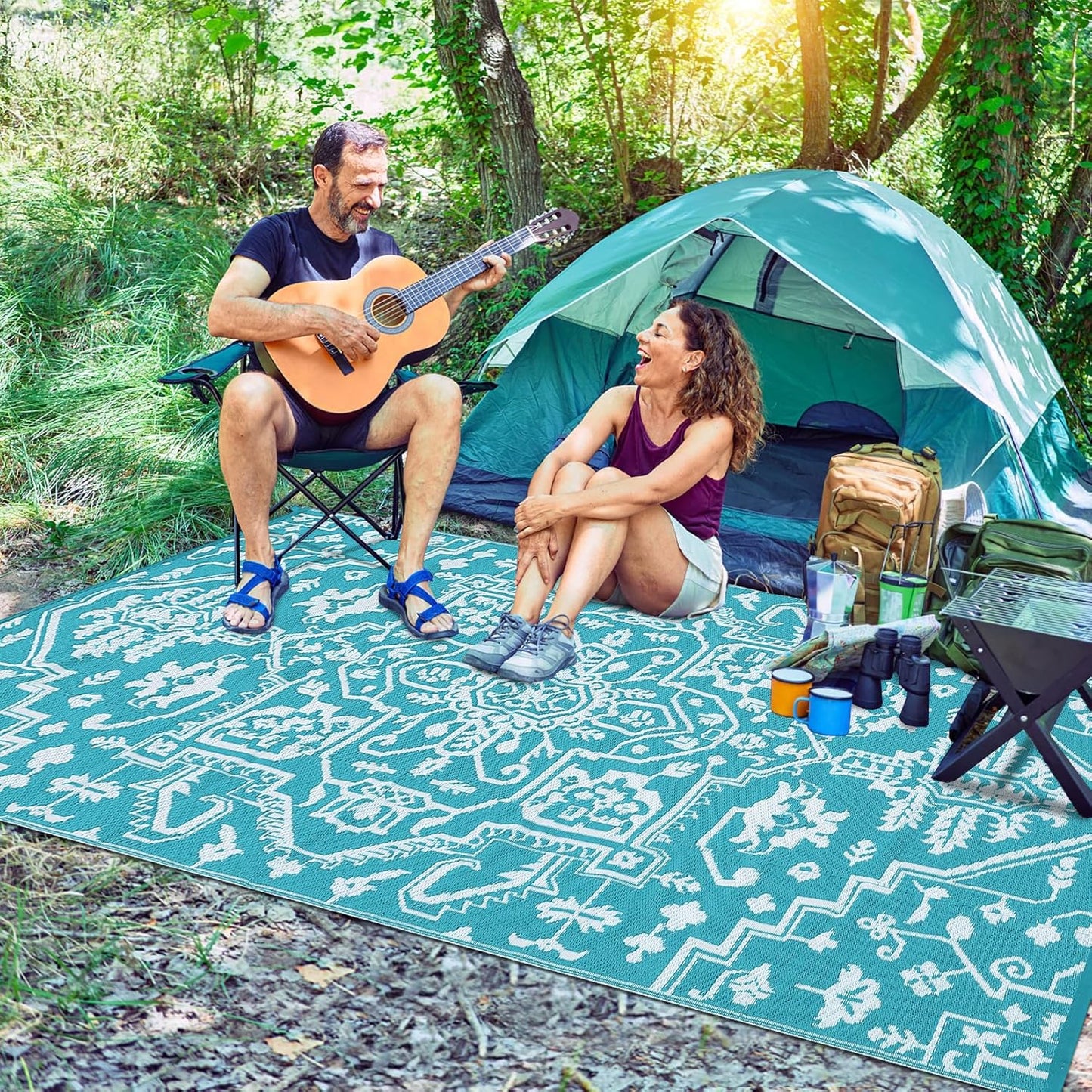 Outdoor Rug 9x12 Waterproof Reversible Plastic Straw Patio Rug, Stain-Resistant Vintage Medallion Carpet, Large Easy-Cleaning Indoor Outdoor RV Mat for Deck, Camping, Balcony, Light Blue/White