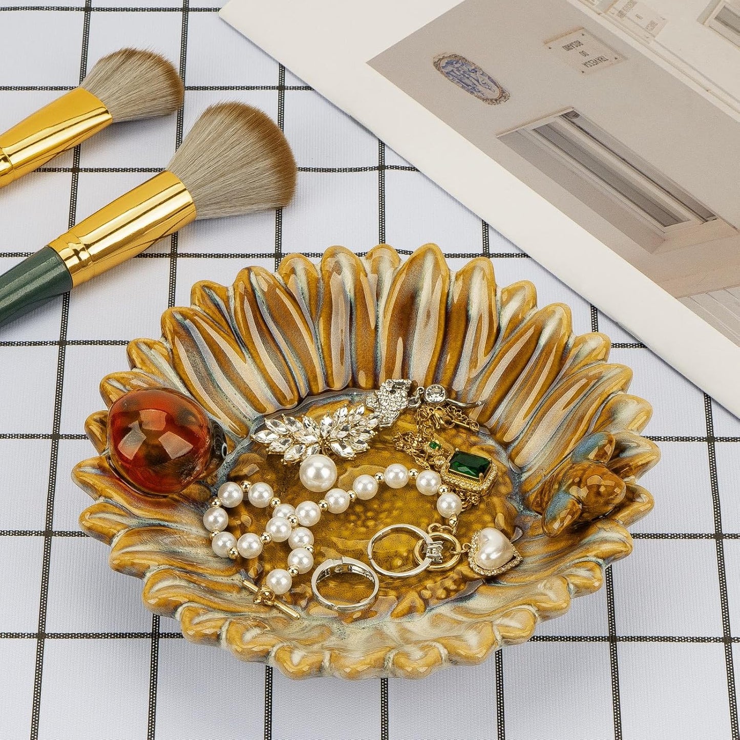 Sunflower Jewelry Dish Trinket Tray Ceramic Key Tray Bowl for Entryway Table, Sunflower Candy Dish Soap Holder Decorative Bowl for Home Decor Kitchen Sink Bathroom Counter (Bee, Ladybug)